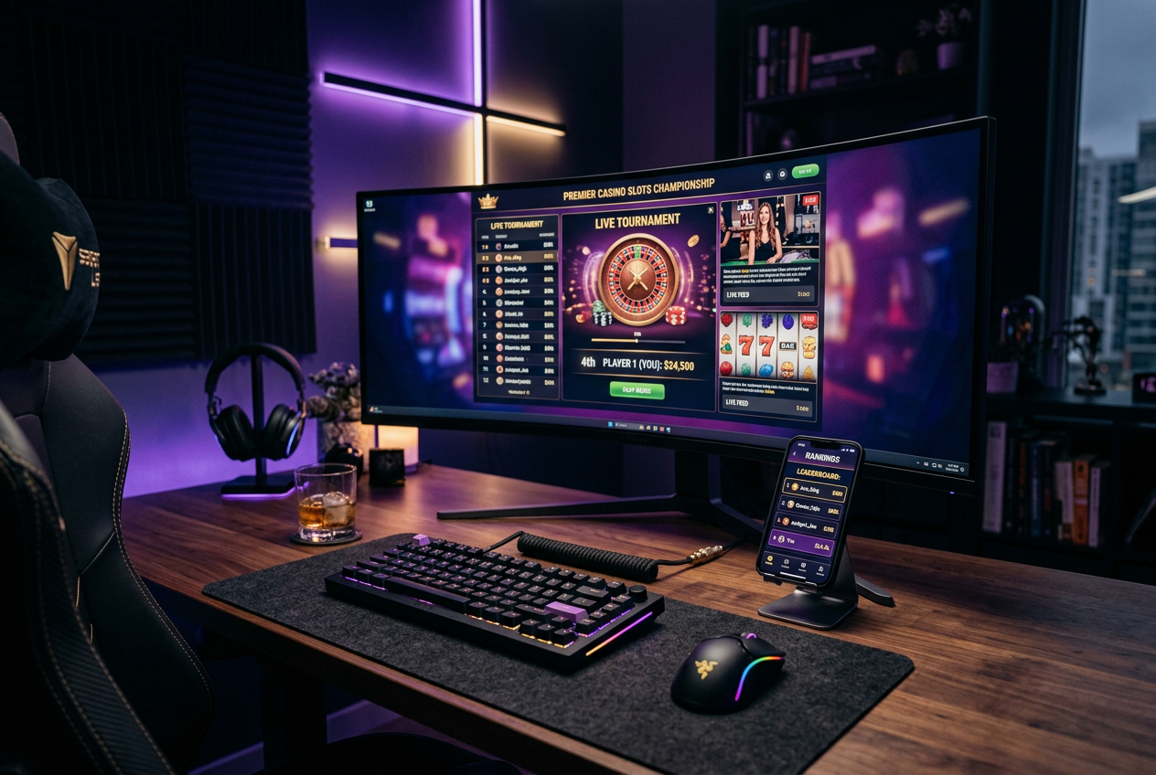 A modern home office setup with a high-end monitor displaying online casino rankings and gold-purple neon accents.