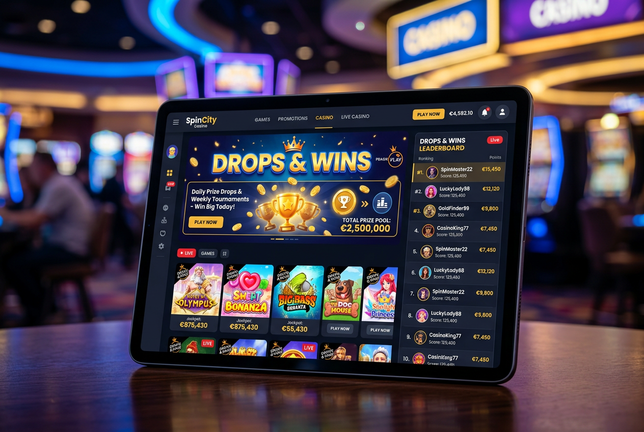 Widok nowoczesnego interfejsu kasyna online z aktywną promocją Drops and Wins na ekranie tabletu.