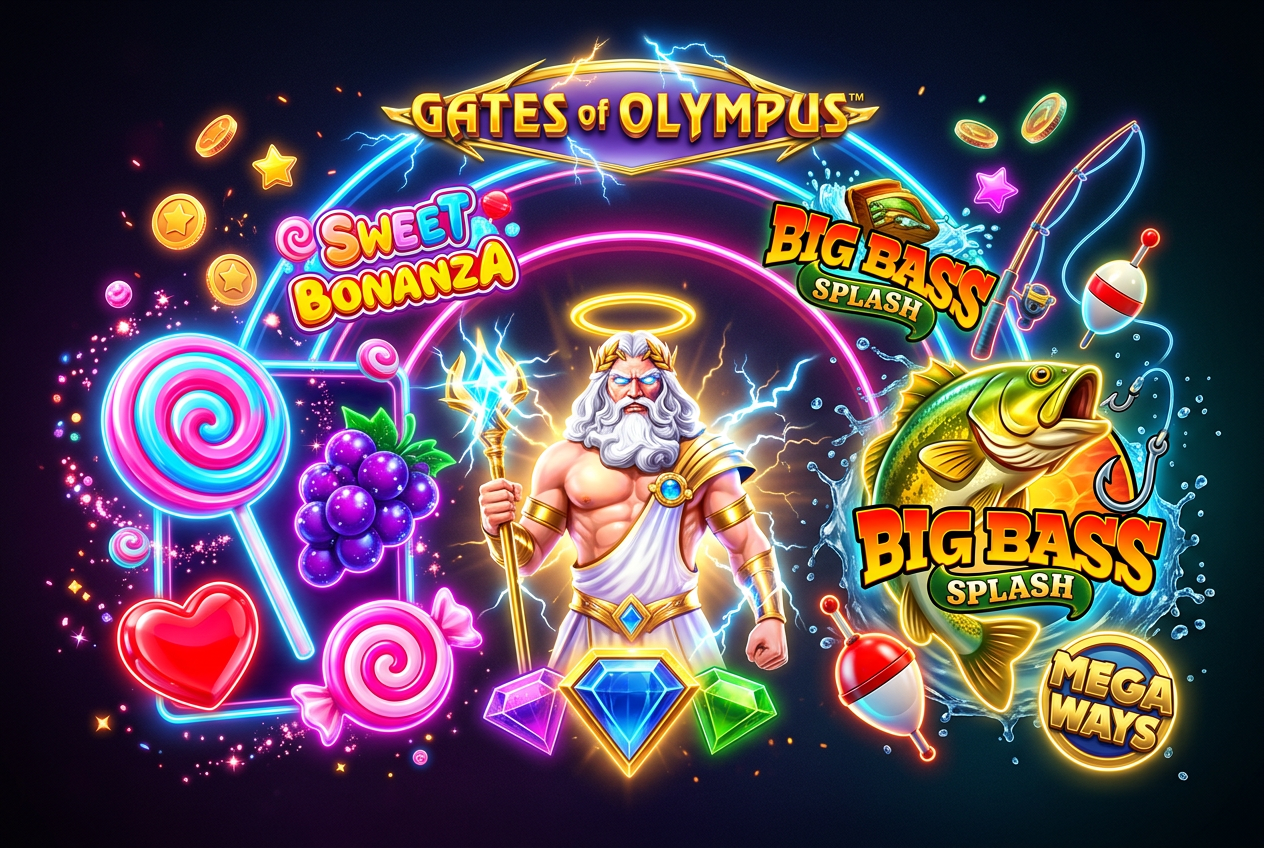 Zestaw kolorowych ikon najpopularniejszych slotów biorących udział w turnieju Drop and Win.