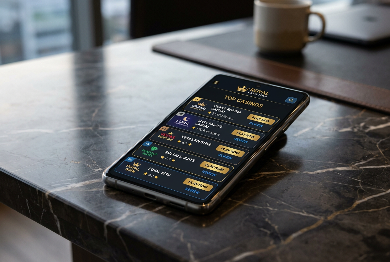 A modern smartphone showing a casino ranking on a sleek desk.