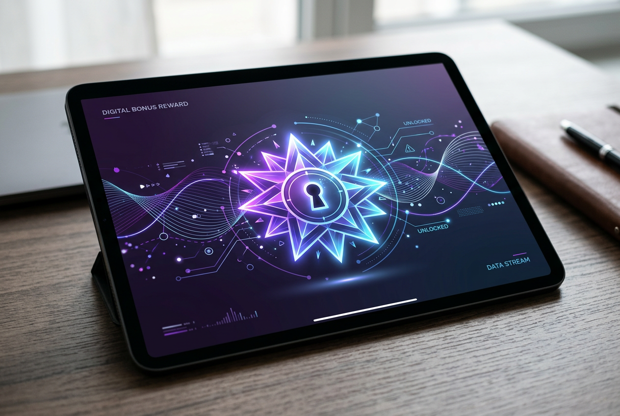 Conceptual visualization of a digital gift box with abstract security elements.