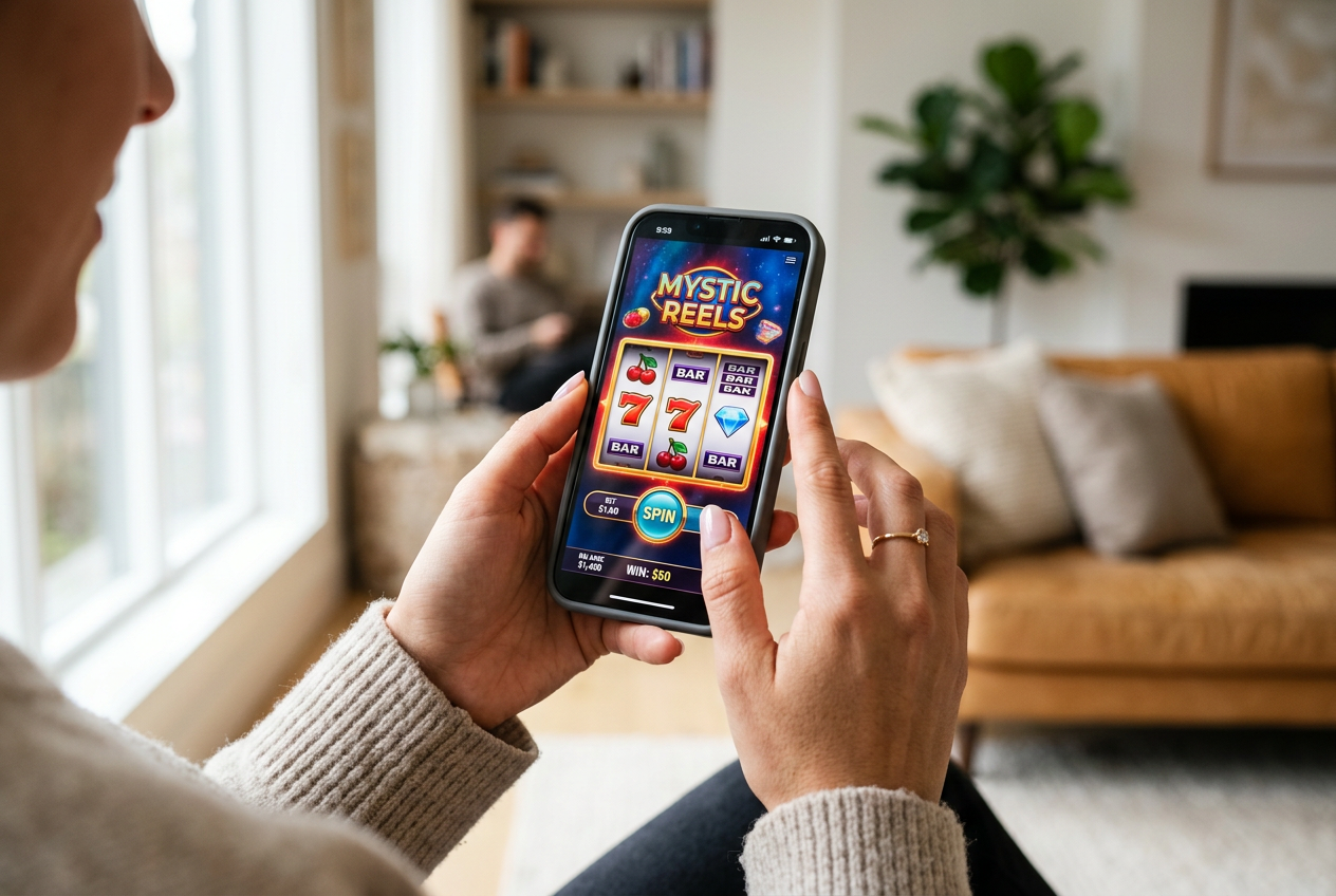 A person's hands holding a phone playing a slot game in a bright environment.