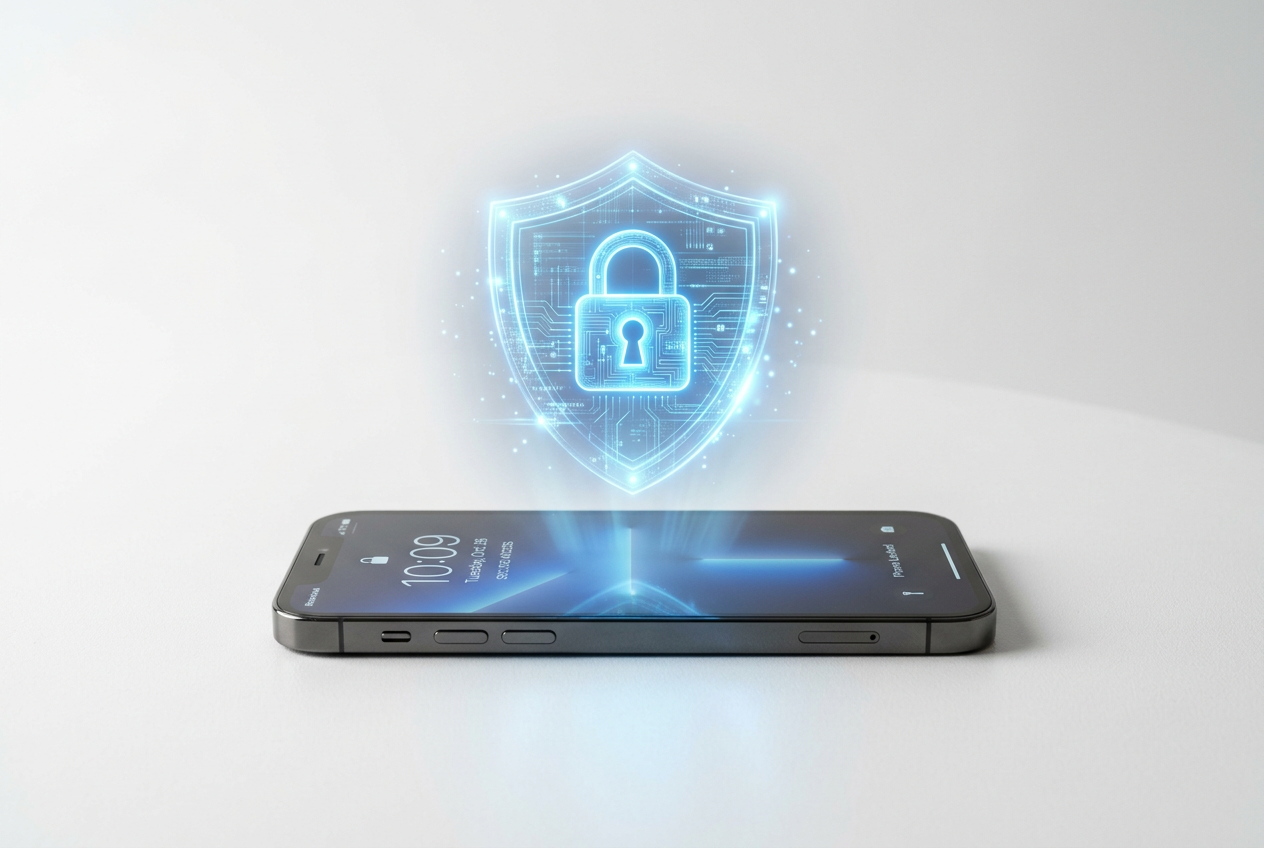 A visual concept of a digital lock and a shield protecting a mobile phone.
