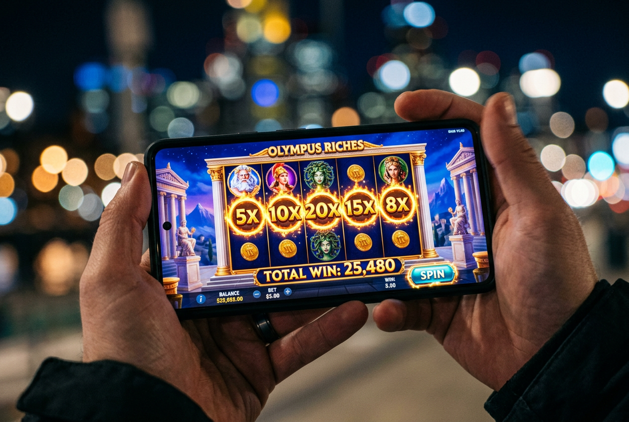 Smartphone screen showing a popular slot game with a high multiplier and vibrant gold and blue lighting.