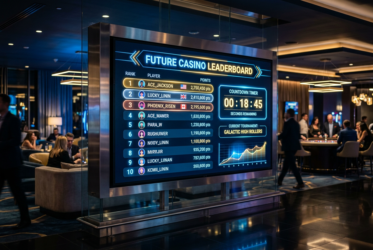 A high-tech digital leaderboard for a live casino tournament.